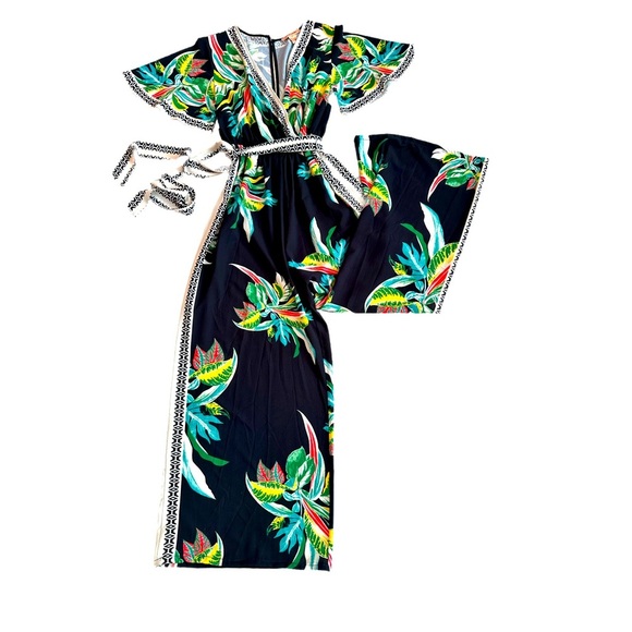 Flying Tomato Pants - FLYING TOMATO ~ Women’s black pantsuit with colorful tropical design size M